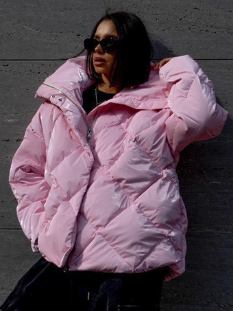 ピンクのキルティングパファージャケット ターンダウンカラー オーバーサイズジッパー カジュアル 冬アウター レディース 2025