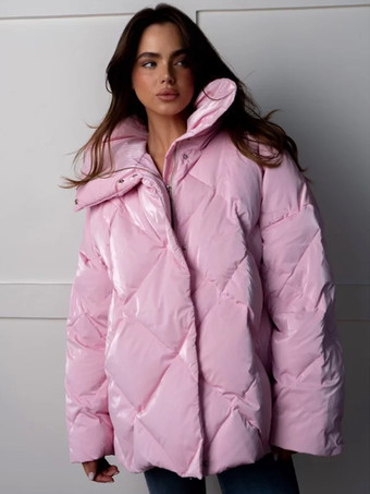 ピンクピンクのキルティングパファージャケット ターンダウンカラー オーバーサイズジッパー カジュアル 冬アウター レディース 2025