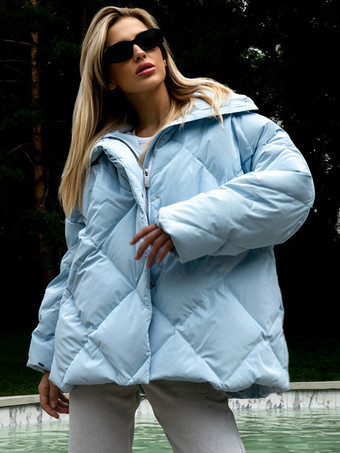 ライトスカイブルーピンクのキルティングパファージャケット ターンダウンカラー オーバーサイズジッパー カジュアル 冬アウター レディース 2025