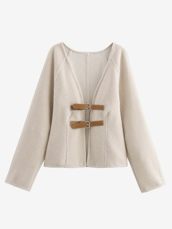 レディース用ホワイトジャケット ドロップショルダー Vネック バックルディテール 春 カジュアル アウターウェア 2025