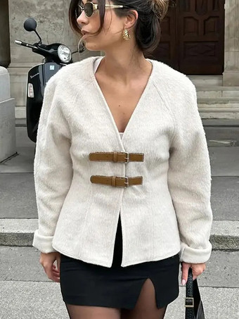 レディース用ホワイトジャケット ドロップショルダー Vネック バックルディテール 春 カジュアル アウターウェア 2025
