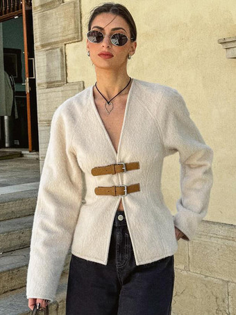 アプリコットレディース用ホワイトジャケット ドロップショルダー Vネック バックルディテール 春 カジュアル アウターウェア 2025