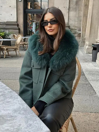 環境に優しいフォックスファーの襟付きショートジャケット、ダークグリーン、オーバーサイズ、春、シックな女性用アウターウェア、2025年