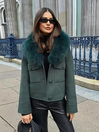 ダークグリーン環境に優しいフォックスファーの襟付きショートジャケット、ダークグリーン、オーバーサイズ、春、シックな女性用アウターウェア、2025年