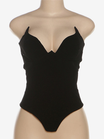 黒のボディスーツ 深いVネック ストラップレス バックレス セクシーなレディーストップス 2026