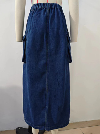 ブルーデニムスカート ナチュラルウエスト シックなスリットデザイン 春 ミディアム丈 ボトムス レディース 2025