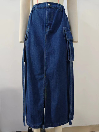 ブルーデニムスカート ナチュラルウエスト シックなスリットデザイン 春 ミディアム丈 ボトムス レディース 2025