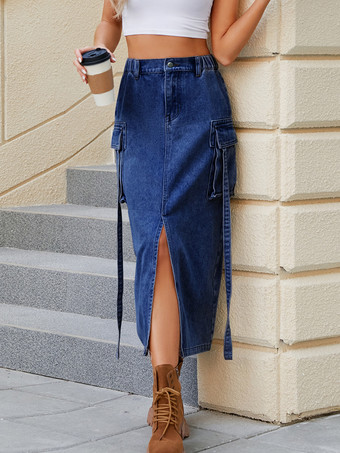 ブルーデニムスカート ナチュラルウエスト シックなスリットデザイン 春 ミディアム丈 ボトムス レディース 2025