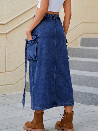 ブルーデニムスカート ナチュラルウエスト シックなスリットデザイン 春 ミディアム丈 ボトムス レディース 2025