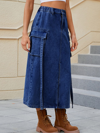 ブルー ブルーデニムスカート ナチュラルウエスト シックなスリットデザイン 春 ミディアム丈 ボトムス レディース 2025