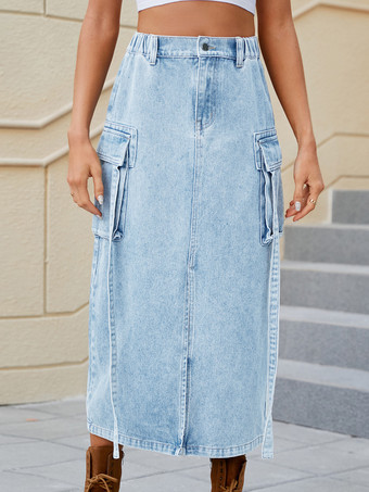 ブルーデニムスカート ナチュラルウエスト シックなスリットデザイン 春 ミディアム丈 ボトムス レディース 2025