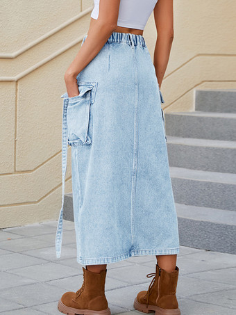 ブルーデニムスカート ナチュラルウエスト シックなスリットデザイン 春 ミディアム丈 ボトムス レディース 2025