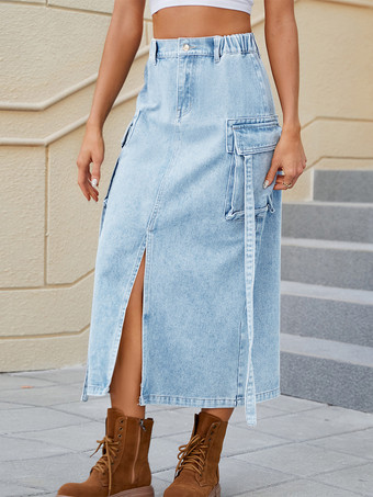 ライトスカイブルーブルーデニムスカート ナチュラルウエスト シックなスリットデザイン 春 ミディアム丈 ボトムス レディース 2025