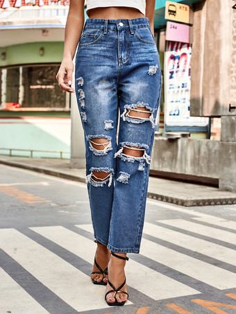 女性用破れジーンズ ナチュラルウエスト カジュアル ストレート デニム ボトムス 2025
