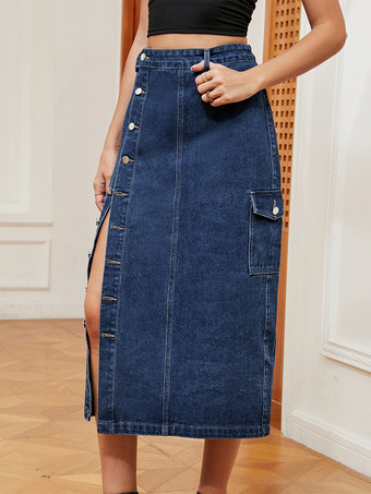 ハイスリット入りデニムスカート ナチュラルウエスト シックな春 ミディアム丈 ブルースカート レディース 2025