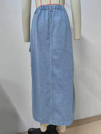 ハイスリット入りデニムスカート ナチュラルウエスト シックな春 ミディアム丈 ブルースカート レディース 2025