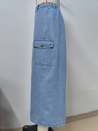 ハイスリット入りデニムスカート ナチュラルウエスト シックな春 ミディアム丈 ブルースカート レディース 2025