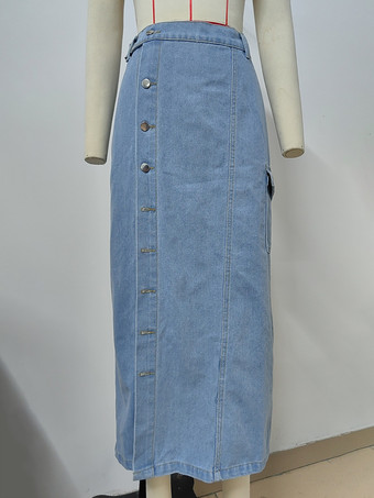 ハイスリット入りデニムスカート ナチュラルウエスト シックな春 ミディアム丈 ブルースカート レディース 2025