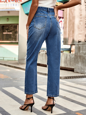 女性用破れジーンズ ナチュラルウエスト カジュアル ストレート デニム ボトムス 2025