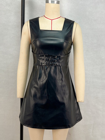 PUレザーコルセットドレス ノースリーブ スクエアネック セクシー ショートクラブドレス レディース 2025