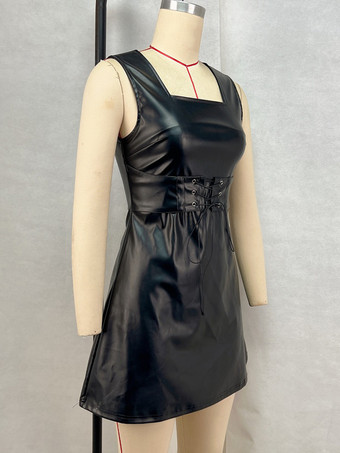 PUレザーコルセットドレス ノースリーブ スクエアネック セクシー ショートクラブドレス レディース 2025