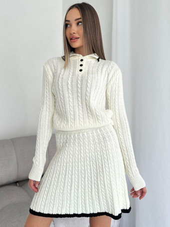 ホワイト ニットツーピースコーデセット ポロカラーセーターとスカート カラーブロック カジュアル春コーデ レディース 2025