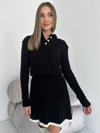 ブラック ニットツーピースコーデセット ポロカラーセーターとスカート カラーブロック カジュアル春コーデ レディース 2025