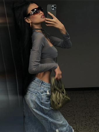 Top corto de malla gris con escote cuadrado y mangas largas inspirado en los años 2000 ropa de club sexy para mujer 2025