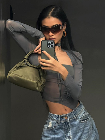 Top corto de malla gris con escote cuadrado y mangas largas inspirado en los años 2000 ropa de club sexy para mujer 2025