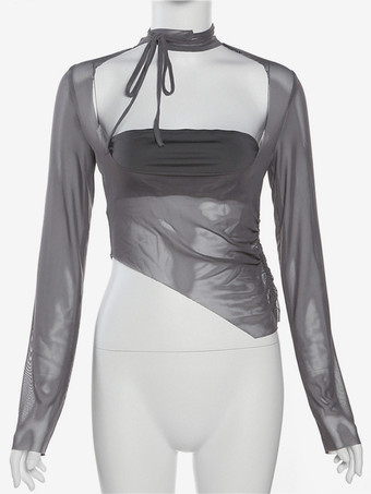 Top corto de malla gris con escote cuadrado y mangas largas inspirado en los años 2000 ropa de club sexy para mujer 2025