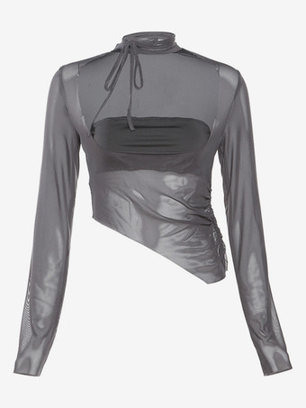 Top corto de malla gris con escote cuadrado y mangas largas inspirado en los años 2000 ropa de club sexy para mujer 2025