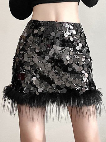 SchwarzSchwarzer Pailletten-Minirock mit Federbesatz natürliche Taille sexy kurzer Rock für Geburtstagspartys für Frauen 2026
