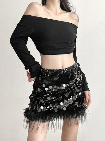 Schwarzer Pailletten-Minirock mit Federbesatz natürliche Taille sexy kurzer Rock für Geburtstagspartys für Frauen 2026