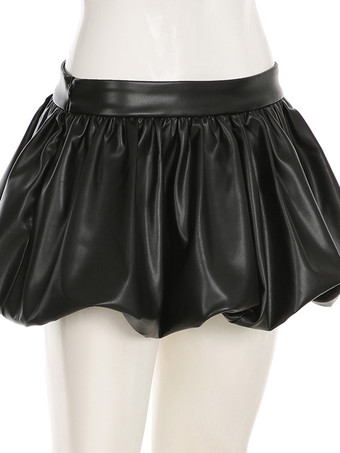 ブラック PU レザー ミニスカート プリーツ A ライン セクシー クラブウェア レディース 2025