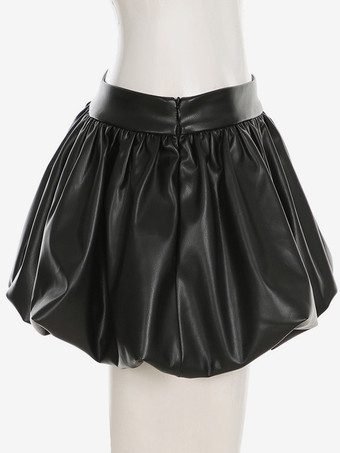 ブラック PU レザー ミニスカート プリーツ A ライン セクシー クラブウェア レディース 2025