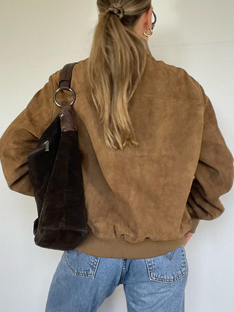 スエード ボンバー ジャケット ブラウン スタンドカラー ジップアップ オーバーサイズ 春アウター レディース 2025