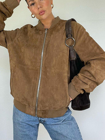 スエード ボンバー ジャケット ブラウン スタンドカラー ジップアップ オーバーサイズ 春アウター レディース 2025
