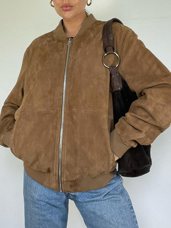 スエード ボンバー ジャケット ブラウン スタンドカラー ジップアップ オーバーサイズ 春アウター レディース 2025
