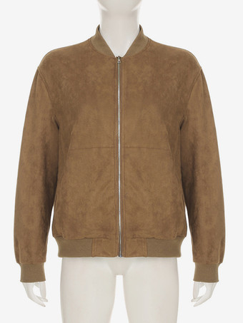 スエード ボンバー ジャケット ブラウン スタンドカラー ジップアップ オーバーサイズ 春アウター レディース 2025