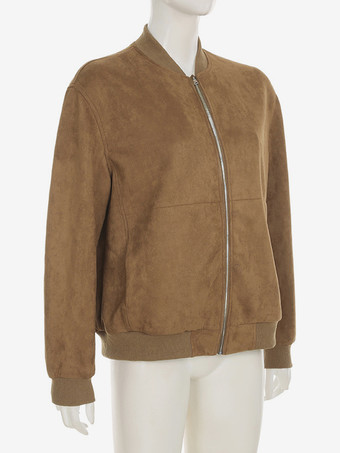 スエード ボンバー ジャケット ブラウン スタンドカラー ジップアップ オーバーサイズ 春アウター レディース 2025