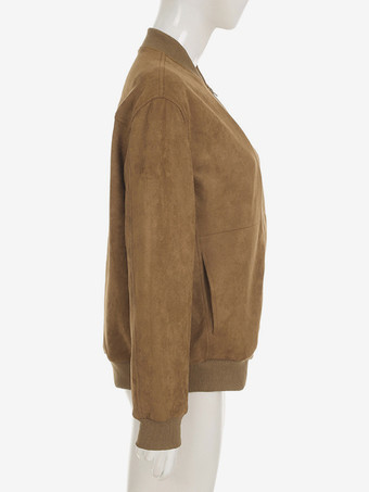 スエード ボンバー ジャケット ブラウン スタンドカラー ジップアップ オーバーサイズ 春アウター レディース 2025