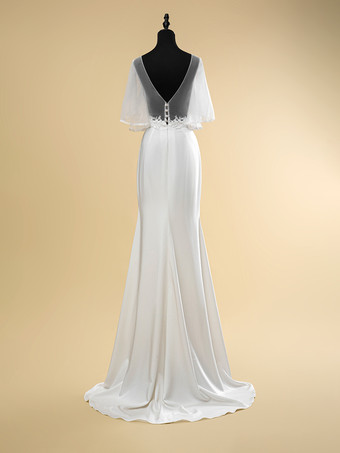 シンプルなウェディングドレス レース イリュージョン ネックライン 半袖 レース ボールガウン 40cm ブライダルガウン