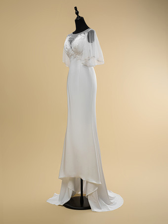 シンプルなウェディングドレス レース イリュージョン ネックライン 半袖 レース ボールガウン 40cm ブライダルガウン