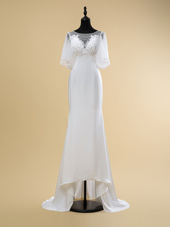 ホワイトシンプルなウェディングドレス レース イリュージョン ネックライン 半袖 レース ボールガウン 40cm ブライダルガウン