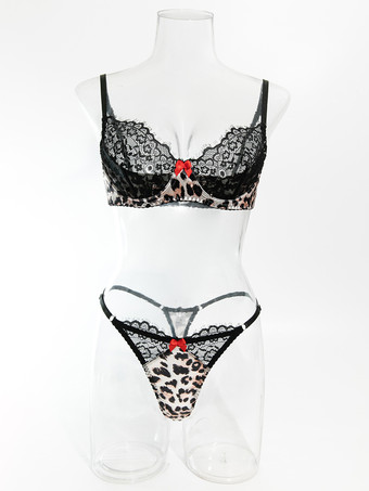 レースランジェリー ヒョウ柄 セクシー ブラック 2ピース 大人用 ブラ パンティ セット