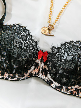 レースランジェリー ヒョウ柄 セクシー ブラック 2ピース 大人用 ブラ パンティ セット