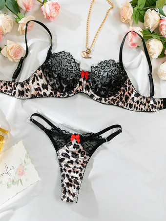 ブラック レースランジェリー ヒョウ柄 セクシー ブラック 2ピース 大人用 ブラ パンティ セット
