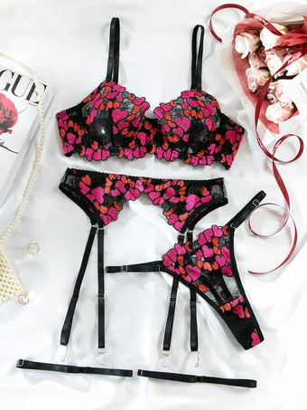 セクシーランジェリー 4ピース 花柄プリント レース ブラック 大人用 ブラ パンティ セット