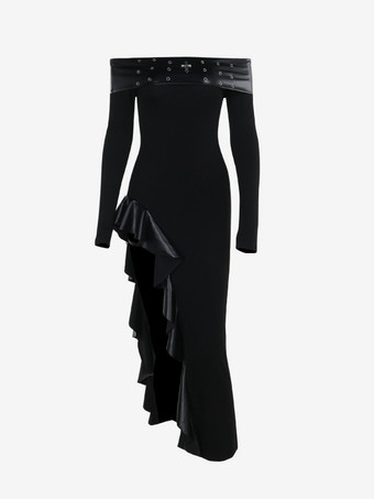 ハロウィン レディース ゴシック 服 黒 長袖 グロメット フリル ゴシック チュニック ドレス