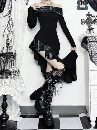 ハロウィン レディース ゴシック 服 黒 長袖 グロメット フリル ゴシック チュニック ドレス